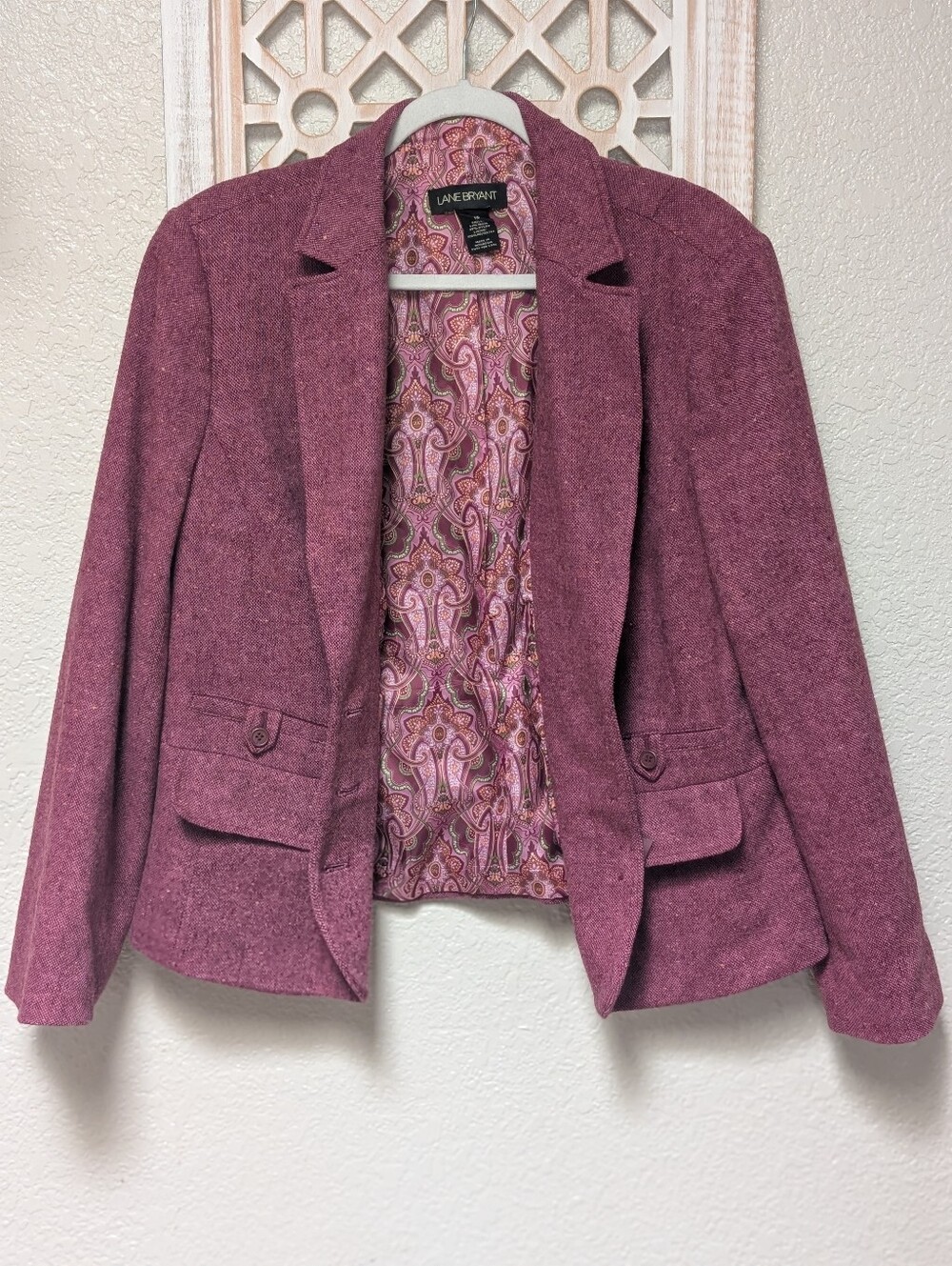 Lane Bryant size 16 blazer jacket pink raspberry wool blend paisley classic